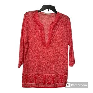 Rose and Thyme EUC Top/Tunic Salmon Pink white floral pattern embroidered neck